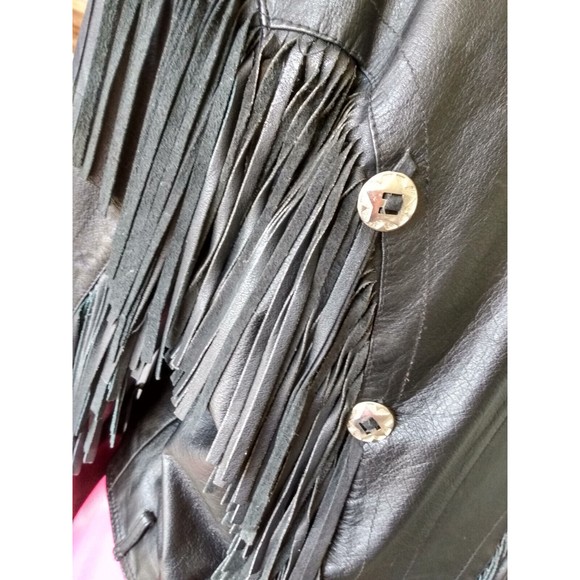 Womans Black Leather Biker Motorcycle Jacket Sz Med Excellent Vtg Fringe Short - Picture 6 of 9